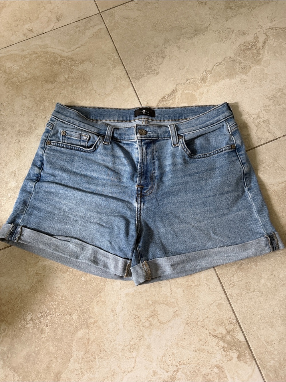 7 For All Mankind Light Blue Mid-Rise Denim Roll-Cuff Shorts size 28